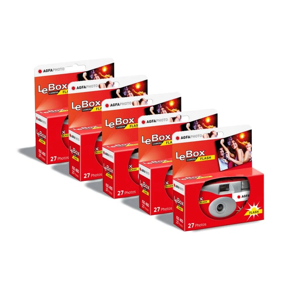 AGFA Photo LeBox Flash Einwegkamera 27 Fotos optisches Objektiv 31 mm Grau Rot 5er