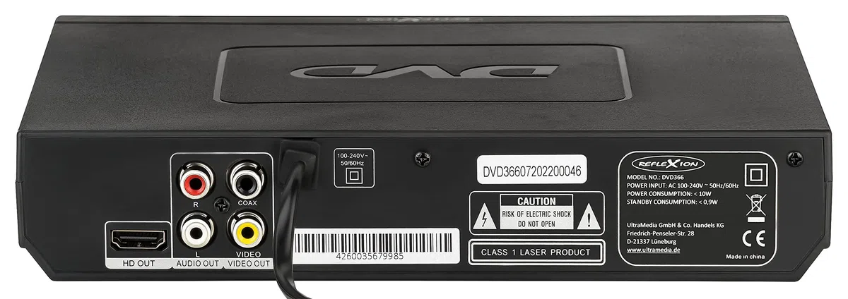 Reflexion DVD366, DVD-CD-Player, Slim Line, Display, CD-Kopierfunktion auf USB, Anti-Schock-System, Coax-Audioausgang, Schwarz