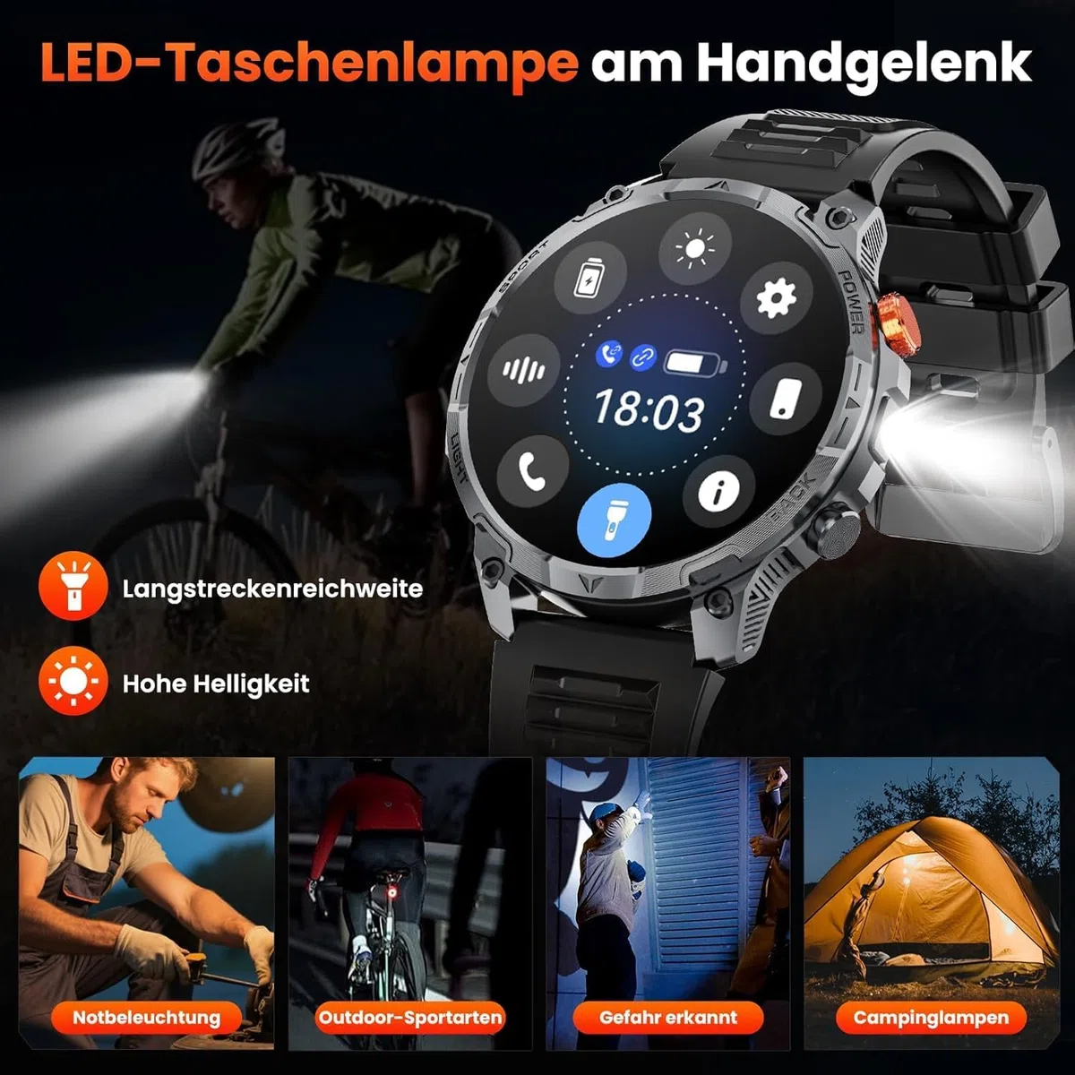 Militär Smartwatch Herren, mit1000-mAh-Akku/1,75" HD Großes Display Sportuhr/110+ Sportmodi Fitnessuhr/LED Taschenlampen/24/7Herzfrequenz/Schlafmonitor/IP68 Wasserdicht für iOS Android