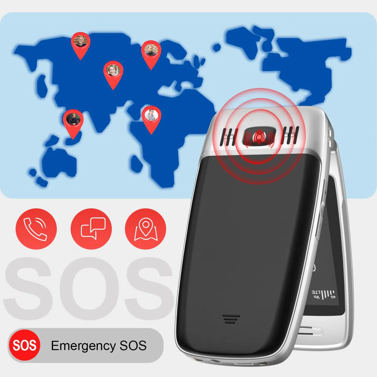 Easyfone T300 4G Seniorenhandy Klapphandy ohne Vertrag, Großtasten Mobiltelefon Einfach und Tasten Notruffunktion, Taschenlampe, 1500mAh Akku und Ladestation (Schwarz)