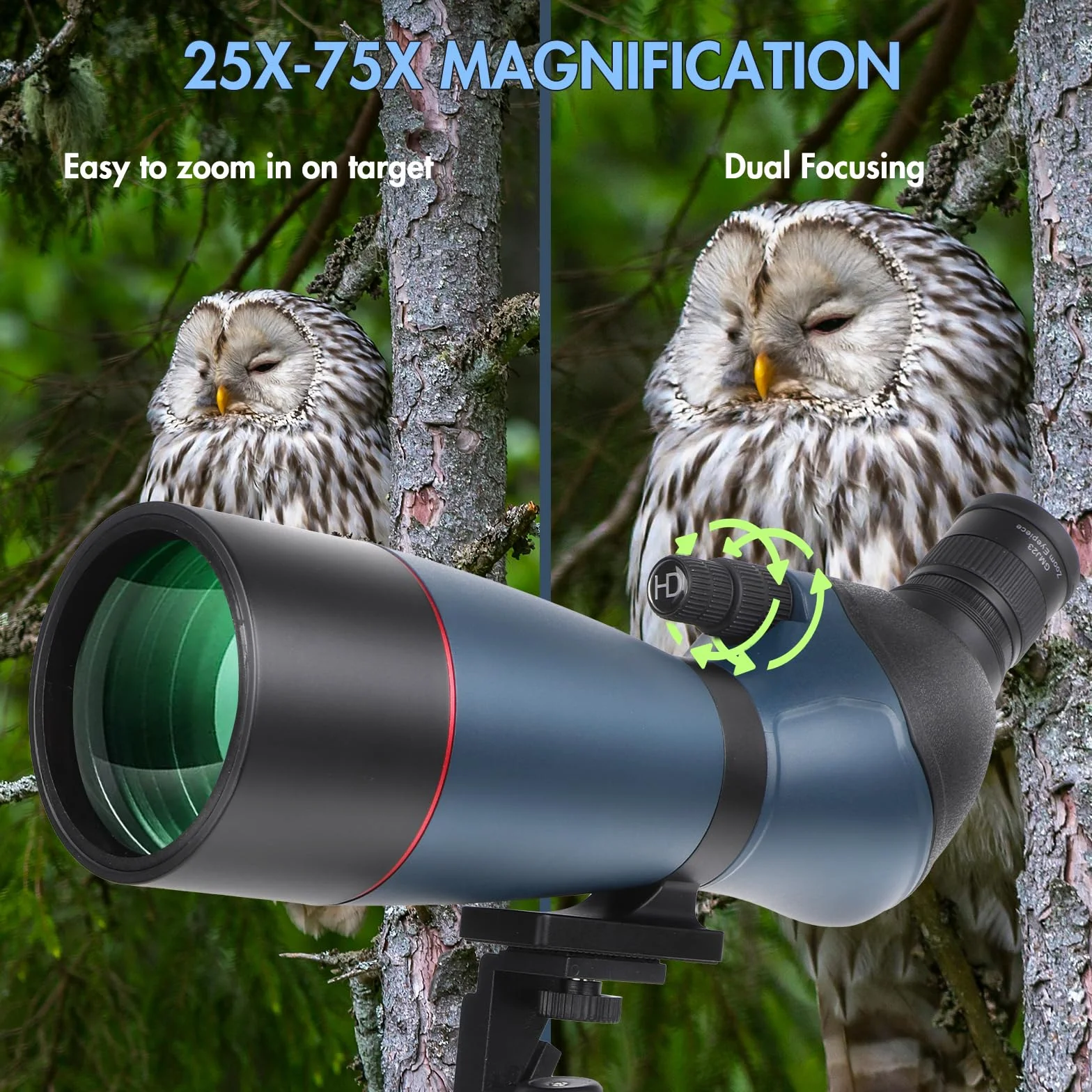 25-75x70 HD Spektiv Sportschützen mit Stativ- und Smartphone-Adapter, Zoom Bak4 Prism FMC Lens 45-Grad-abgewinkelte Teleskop für Vogelbeobachtung Wildlife Scenery Jagd Wildtiere Stargazing (Blue)
