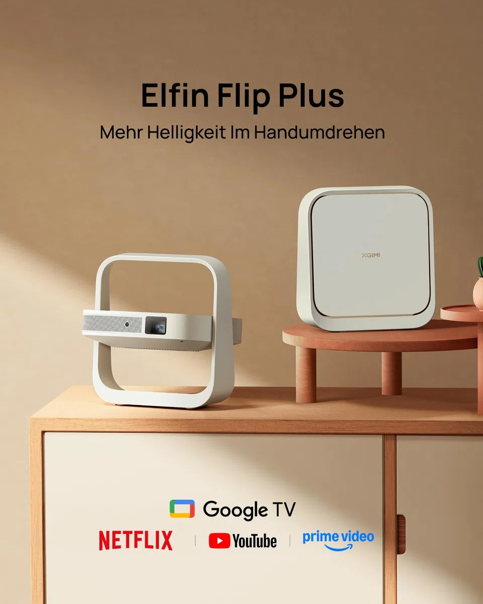 XGIMI Elfin Flip Plus Tragbarer Beamer, 500 ISO Lumen, 1080P, Google TV mit Netflix, Verstellbarer Ständer