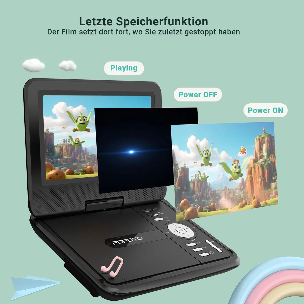 POFOTO 9,5" Tragbarer DVD Player mit 7,5" HD-Schwenkbaren Bildschirm, 4-6 Stunden Akkulaufzeit, DVD Player Auto mit Dual-Lautsprechern, Autoladegerät, Netzteil, Sync TV/USB/SD-Karte (Schwarz)