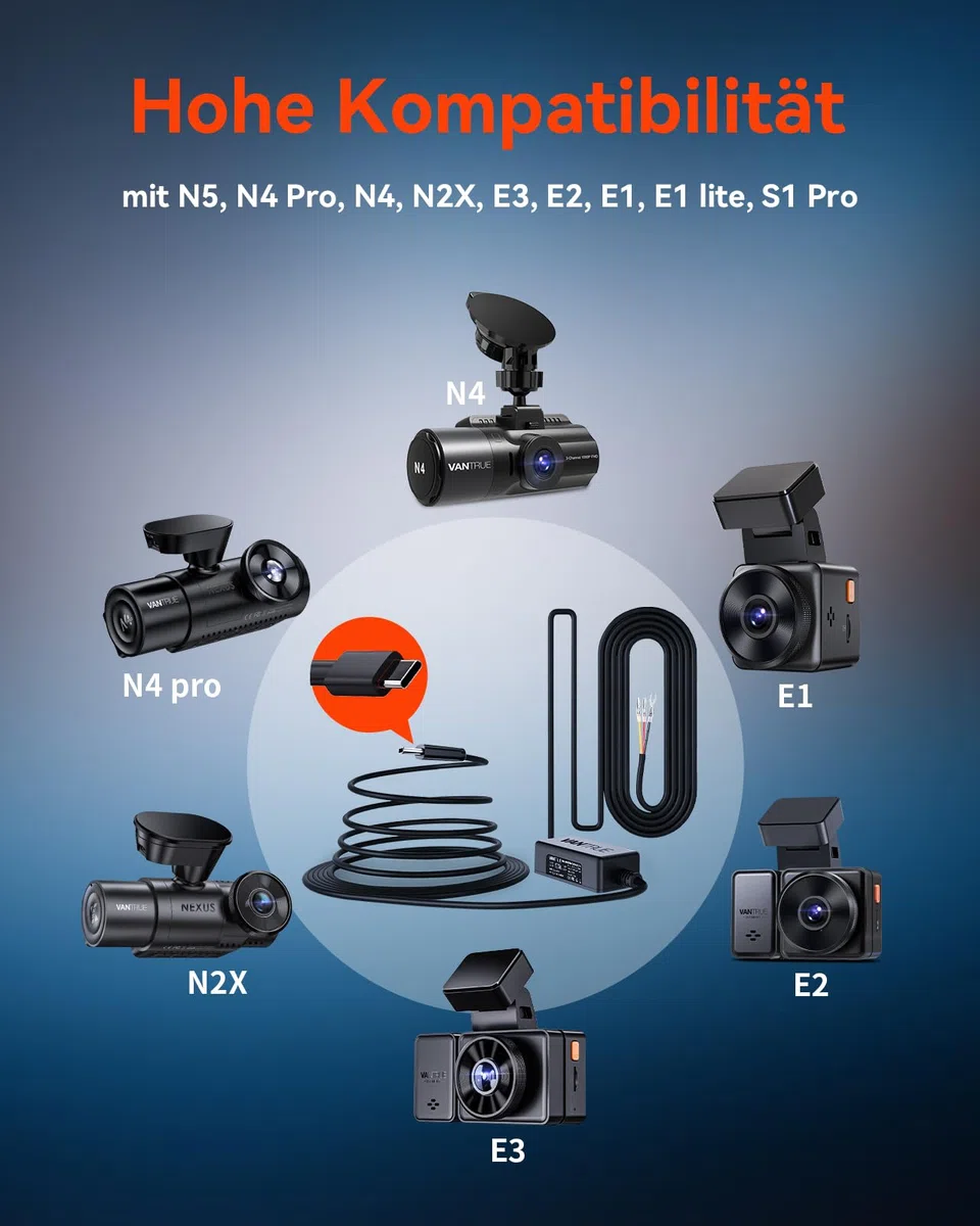 VANTRUE N4 PRO S Dashcam & VP03 Hardwire Kit, 4K+1080P+1440P Vorne Hinten Innen, 5GHz WLAN, 24h Parküberwachung mit G-Sensor, DSGVO konformes Design, Rundum-Schutz, GPS, Sprachsteuerung, Max 1TB