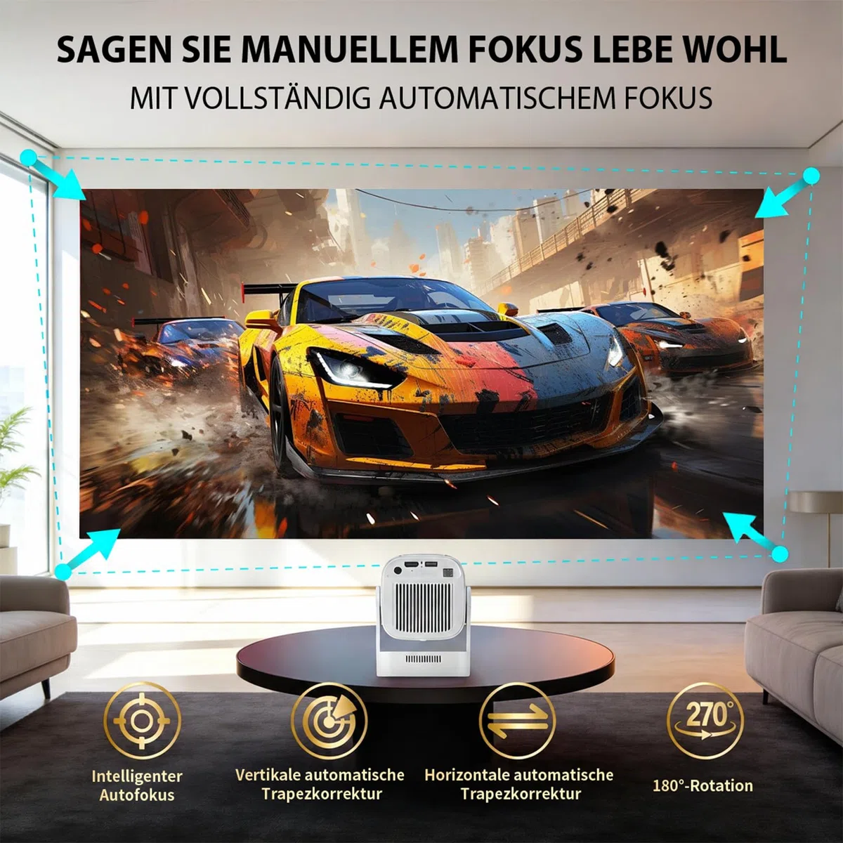 Mini Beamer 4K 1080P Unterstützt, Smart Projector WiFi 6 BT 5.4,Mini Projektor Automatische Trapezialkorrektur,Tragbarer Projektor für Zuhause und draußen,Beamer für HDMI/TV Stick/USB/Laptop,Weiß