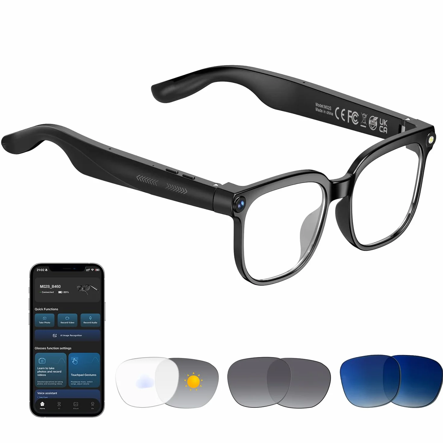 AI Smart Camera Brille - HD 1080P Video, Foto, Sprachübersetzung: Mit wechselbaren Sonnen-/Blaulichtschutzgläsern, Einsatzbereich Outdoor, Radtouren, Wandern, Reisen