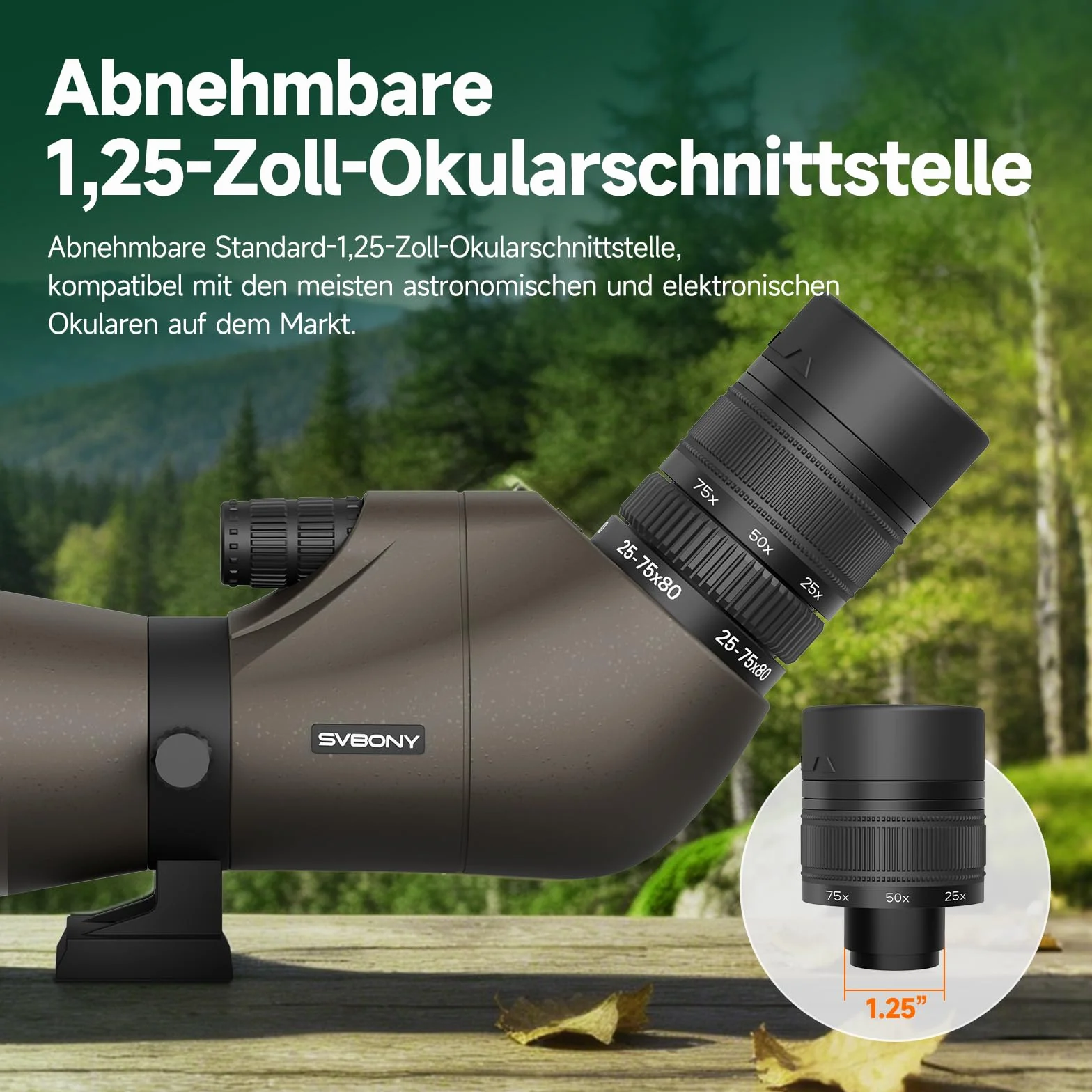 Svbony SV29 25-75x80mm Spektiv mit Schwalbenschwanz und Stativ, Großem Sehfeld, Porroprisma FMC, Smartphone-Adapter für Zielschießen, Vogelbeobachtung und Tägliche Beobachtung