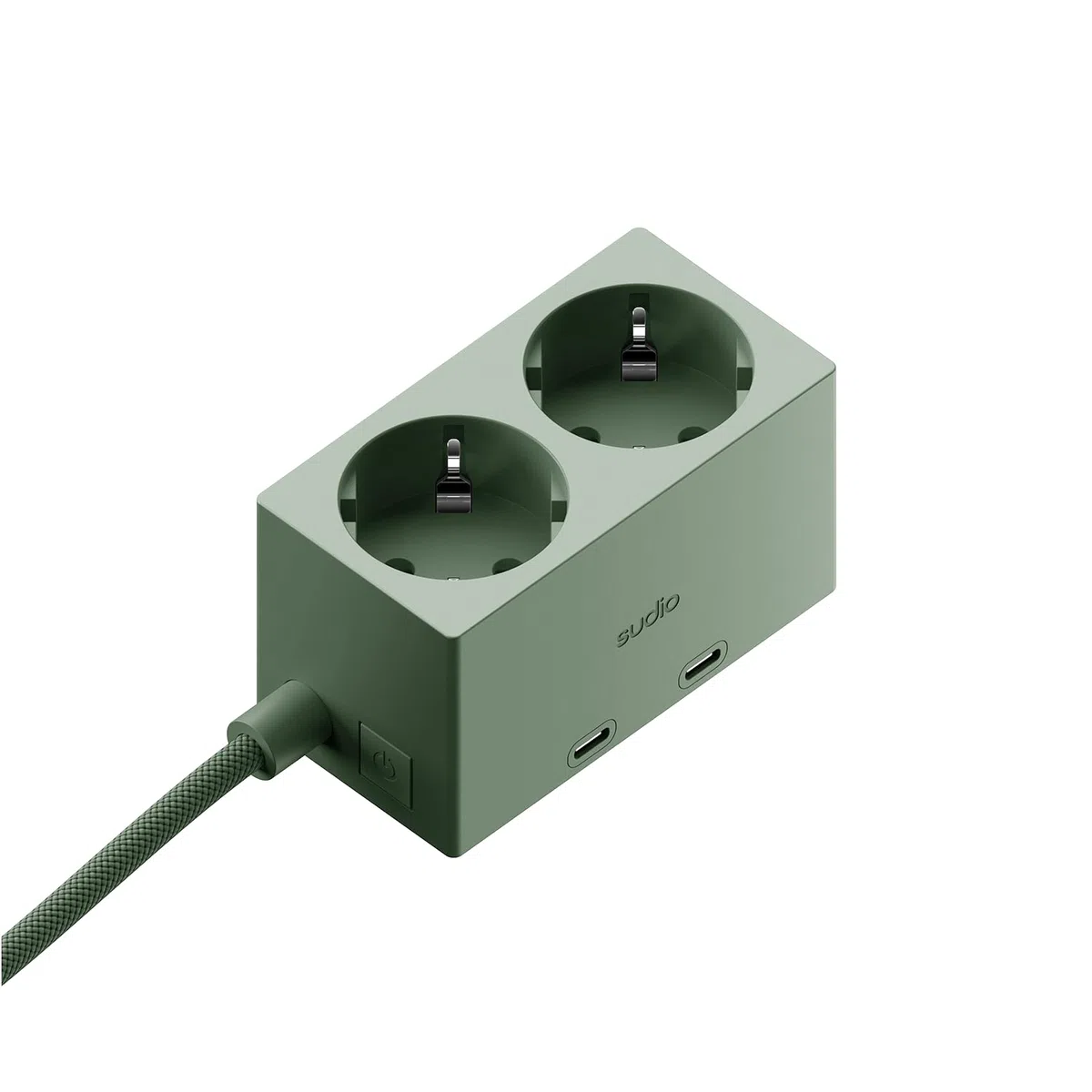 Sudio Brick Kompakte Steckdosenleiste | 2 Steckdosen & 2 USB-C Ports (30W GaN) | 1,8 m geflochtenes Kabel | EIN-/Aus-Schalter | Platzsparendes Design | Aus recycelten Materialien | (Green)