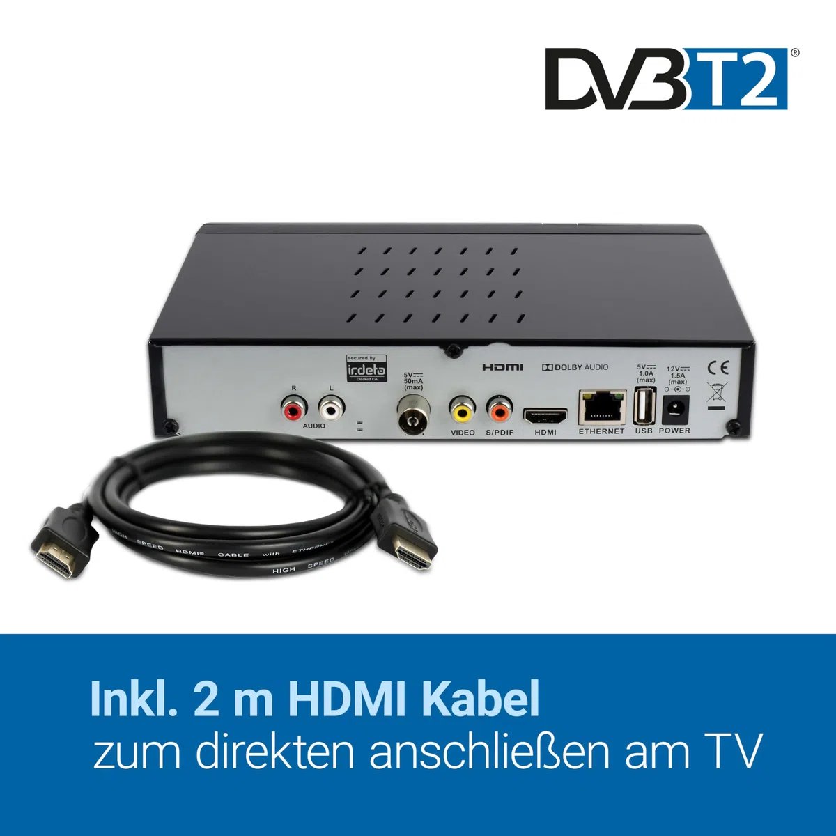 SET-ONE EasyOne 740 HD DVB-T2 Receiver, Freenet TV (Private Sender in HD), Full-HD 1080p, HDMI, USB 2.0, 12V tauglich, 1,5m HDMI Kabel