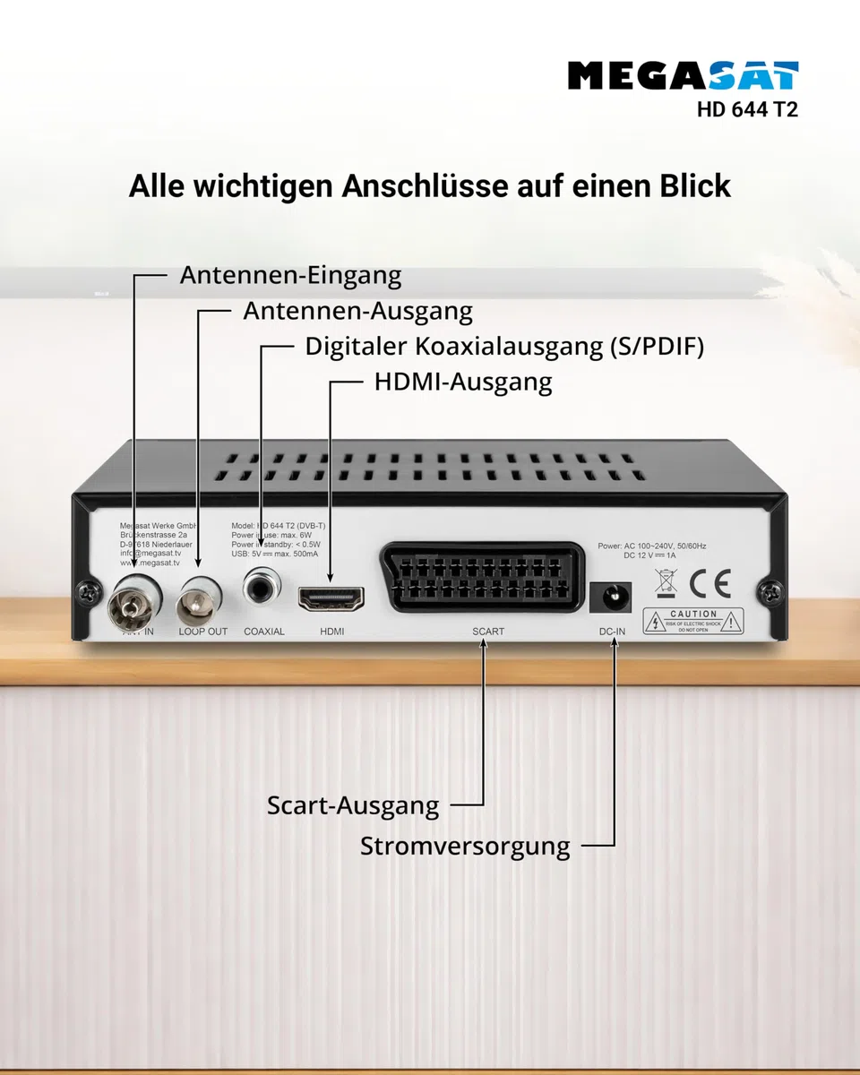 Megasat HD 644 T2 – DVB-T2 Receiver für Free TV – Schwarz | Empfängt alle freien Sender über Antenne, USB-Mediaplayer, Full HD, SCART, HDMI