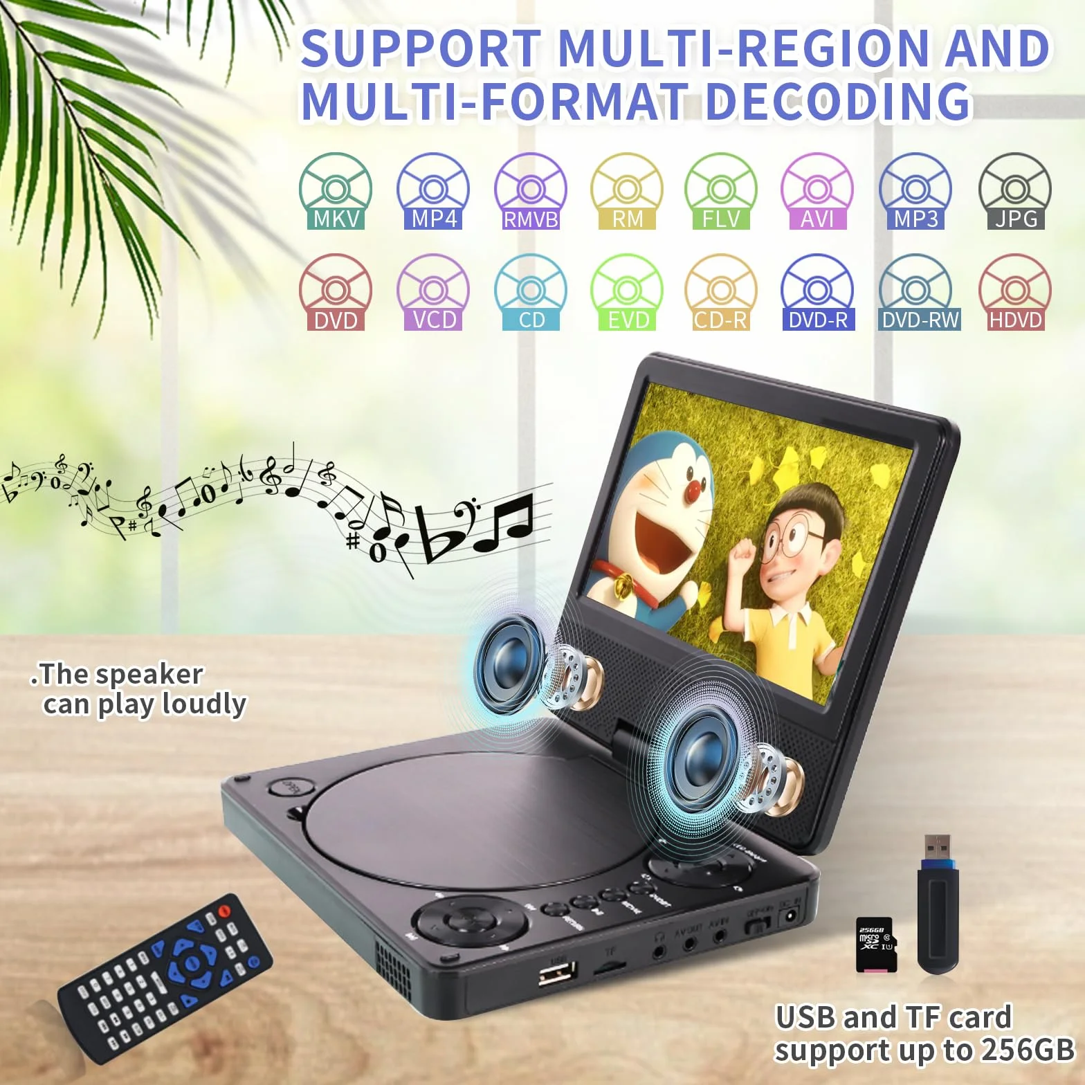 9,5" Bluetooth Tragbarer DVD Player YOOHOO mit 7,5" HD Bildschirm für Kinder,für unterwegs,Auto Fernseher für kopfstütze, alle Regionen kostenlos, Wiedergabe Aller Formate MKV/MP4/WAV/AVI/MP3/CD/1080P