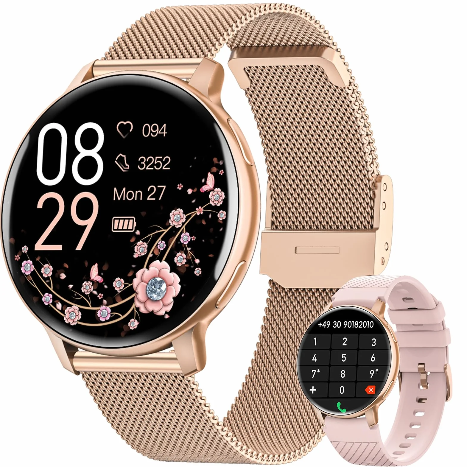 Smartwatch Damen Rund 1.39" HD Fitnessuhr Telefonfunktion 120+ Sportmodi Herzfrequenz Schlafmonitor SpO2 IP68 Wasserdicht Schrittzähler Roségold