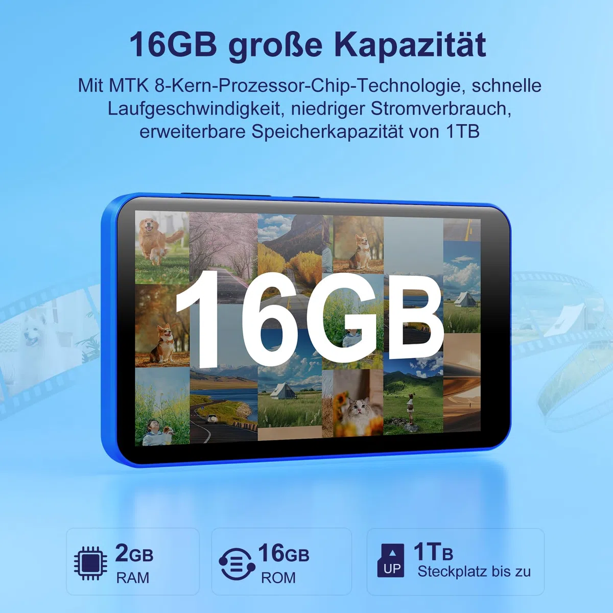 16GB MP3 Player mit Bluetooth und WLAN, Android MP3 & MP4 Player mit 4 Zoll Touchscreen und Lautsprecher, 2000mAh Spotify Music Player mit Spotify Kids, Audible, Amazon Music, Play Store