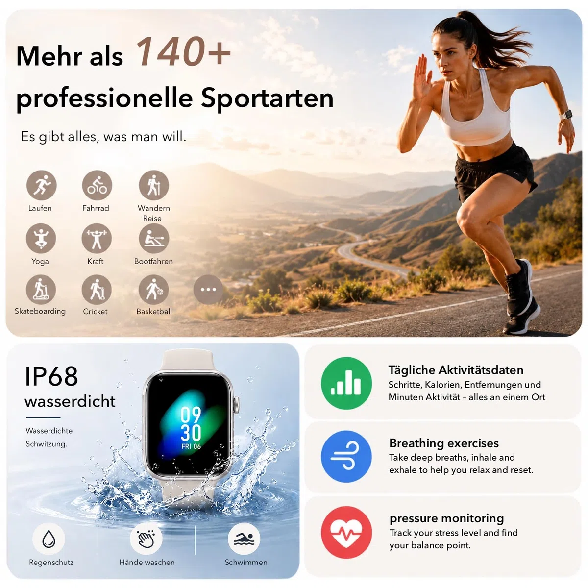 Smartwatch Damen Herren 1,85" HD Touch Fitnessuhr Telefonfunktion 140+ Sportmodi Pulsmesser Schlafmonitor Schrittzähler IP68 Wasserdicht Starlight