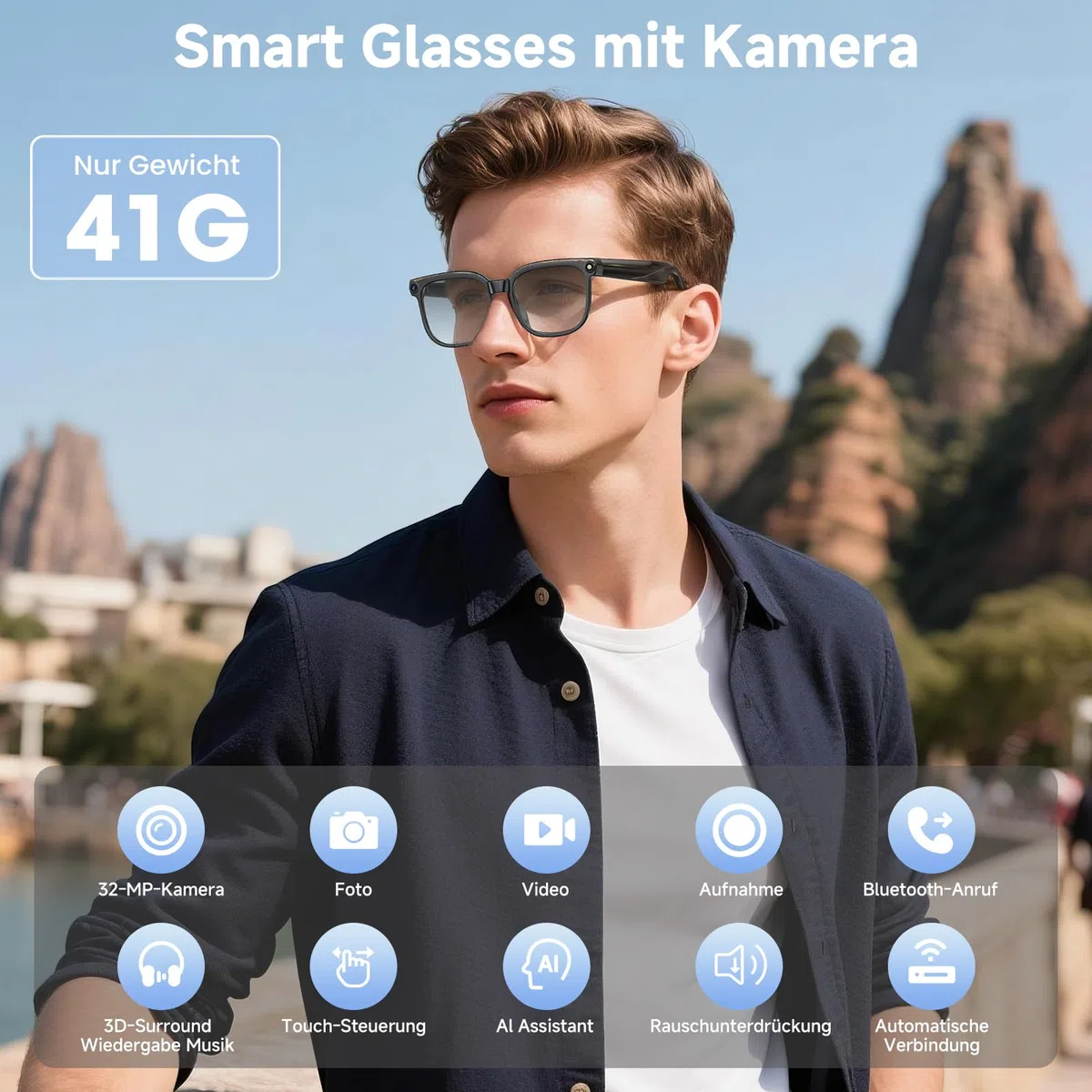 AI Smart Glasses, Brille mit 800 W Kamera, 2 Paare Brillengläser, 1080P HD Video und Audiorecording mit Bildstabilisierung, /Bluetooth-Anrufe/AI-Assistent/Echtzeitübersetzung