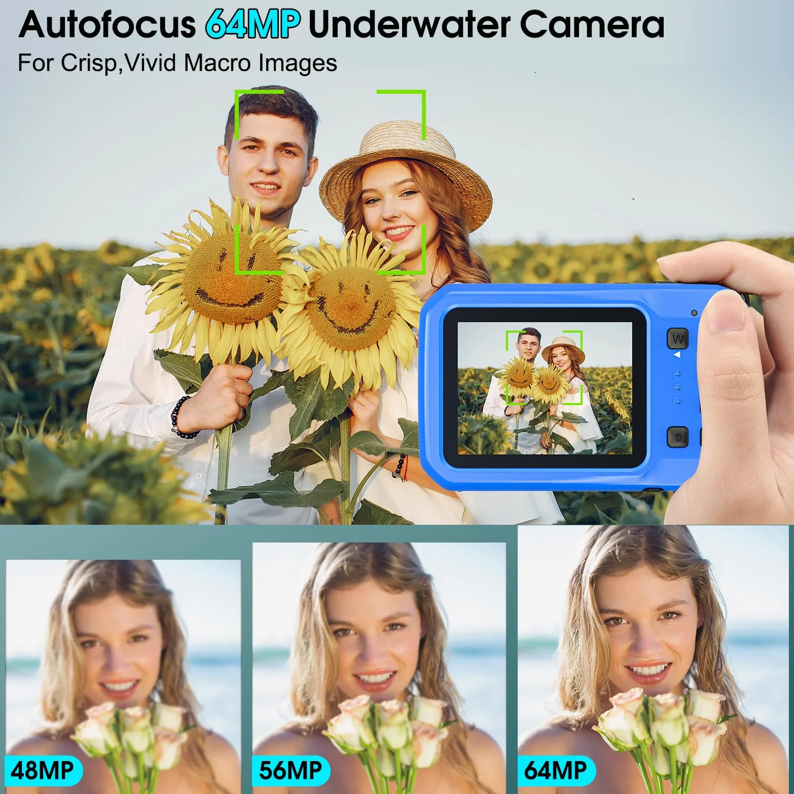 Unterwasserkamera, Yixinxin Digitalkamera wasserdichte 4K 64MP 16FT Autofokus wasserdichte Kamera zum Schnorcheln, IPS HD Bildschirm 16X Digitalzoom und 16GB Karte