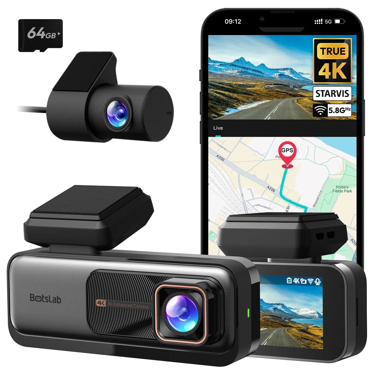 BOTSLAB Dashcam Auto Vorne Hinten 4K GPS WiFi Dual Autokamera 64GB SD Karte ADAS Nachtsicht 170° Weitwinkel WDR 2,45" IPS 24/7 Parküberwachung Loop-Aufnahme