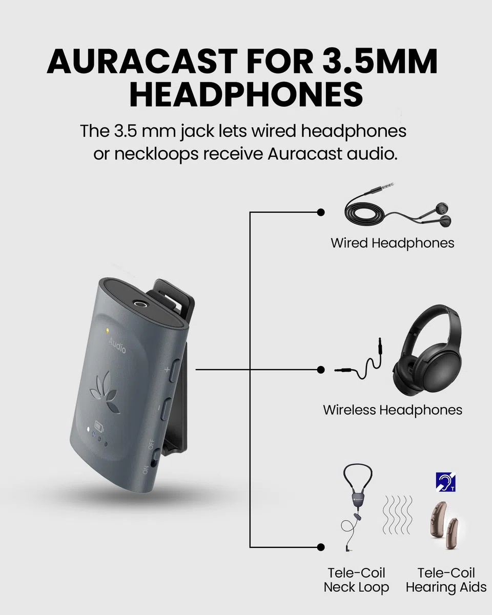 Avantree AuraClip – Auracast Empfänger für Kirchen, Theater & öffentliche Bereiche, ermöglicht Nutzung von 3,5mm Kopfhörern mit Auracast Broadcast-Audio, Clip-on Design, 16 Std. Akku, 100 m Reichweite