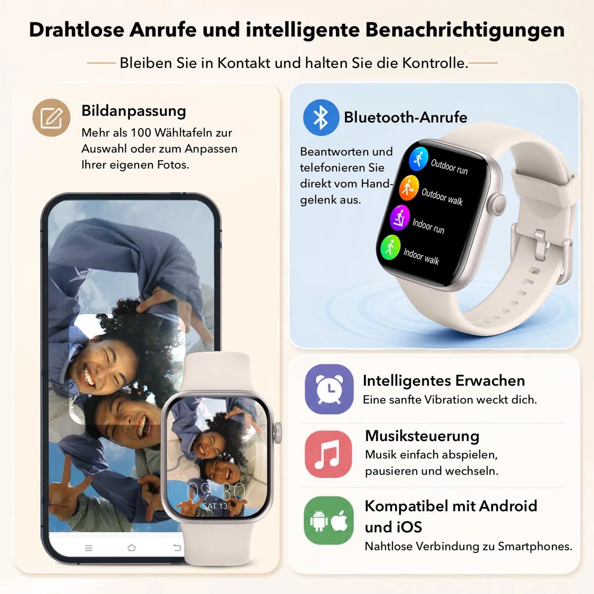 Smartwatch Damen Herren 1,85" HD Touch Fitnessuhr Telefonfunktion 140+ Sportmodi Pulsmesser Schlafmonitor Schrittzähler IP68 Wasserdicht Starlight