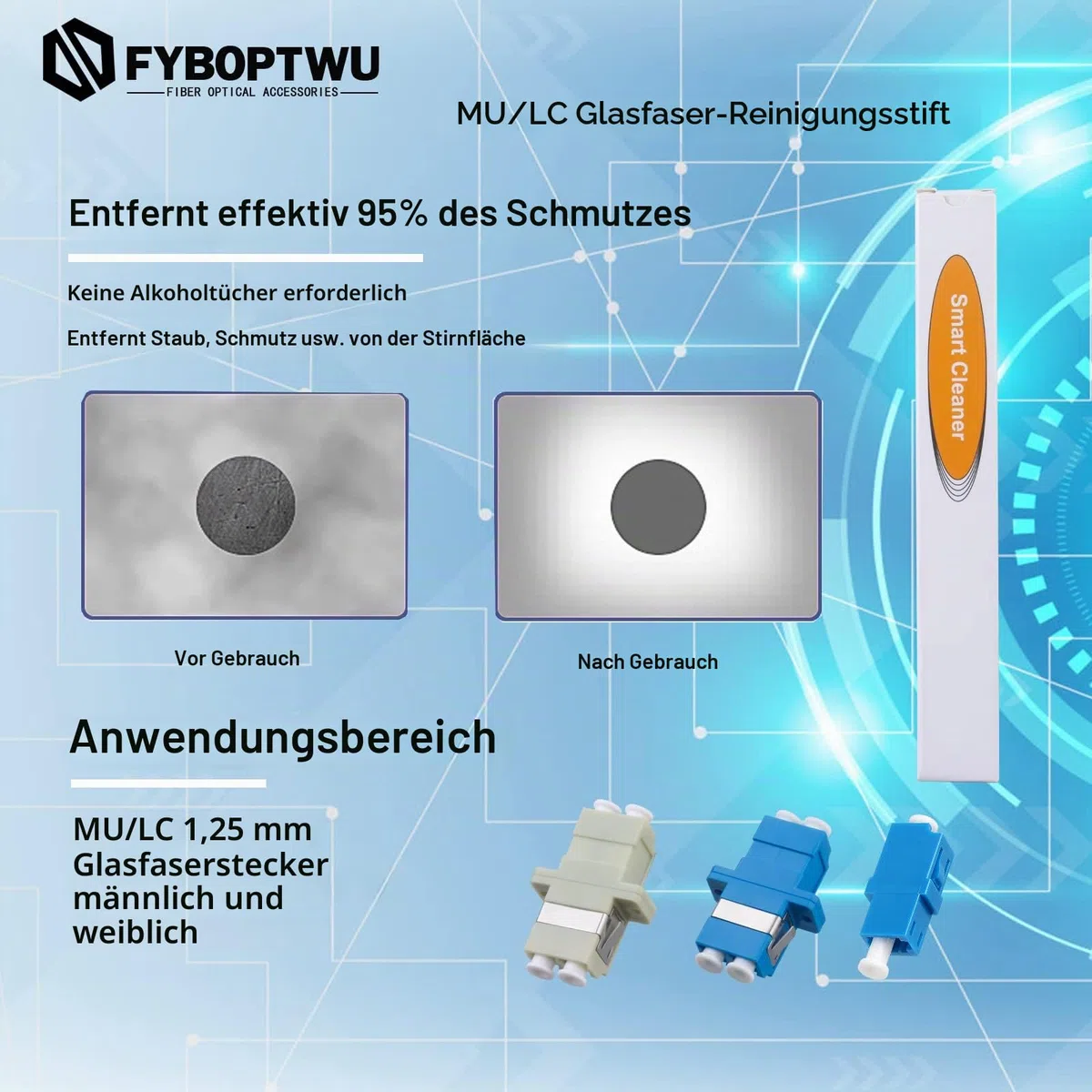 Glasfaser-Reiniger, Glasfaser-Werkzeuge, Reinigungsstift für LC/MU, 1,25 mm Stecker, über 800 Reinigungen, Faserendflächenreinigung und optische Steckerreinigung, 5 Stück