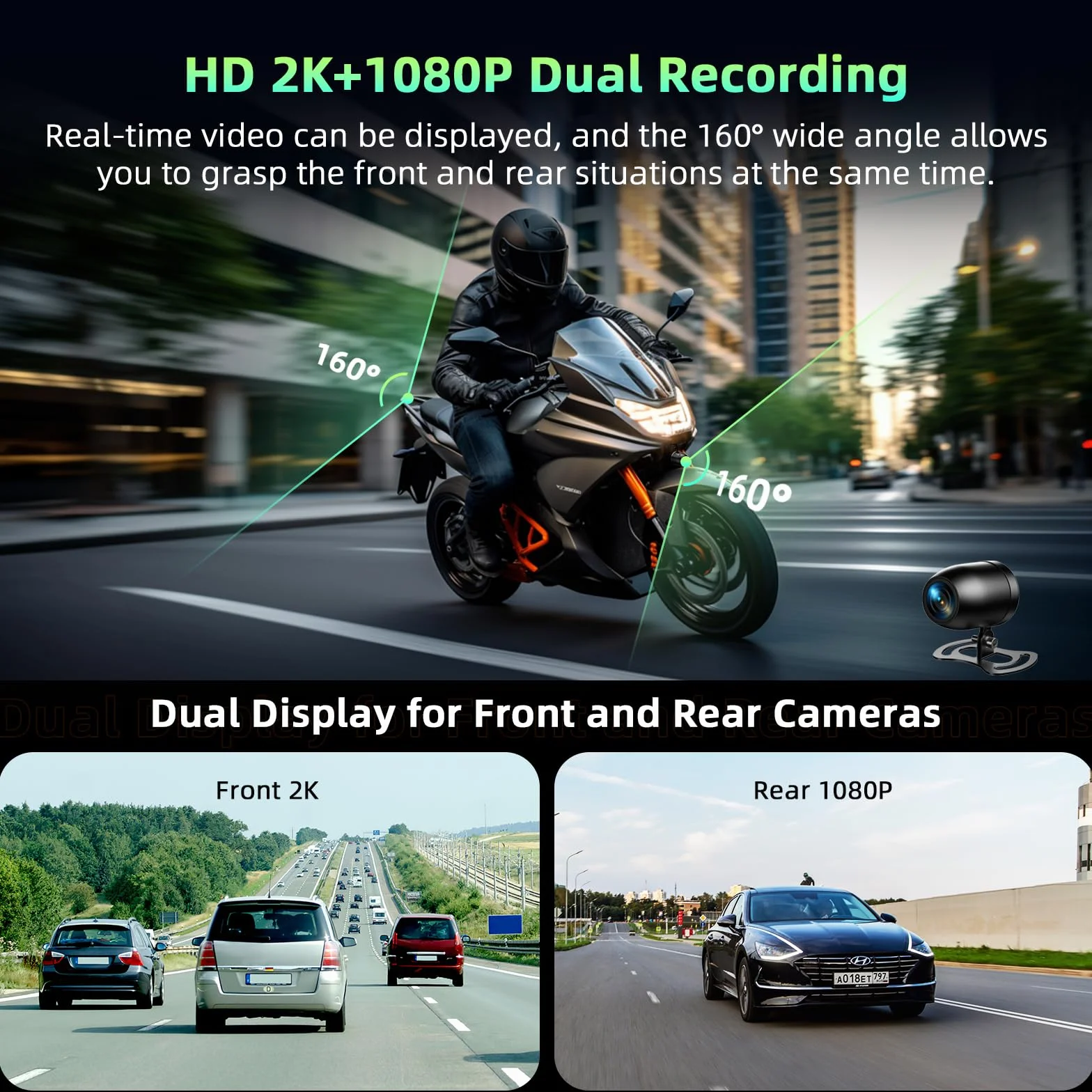 Volam Carplay Motorrad Android Auto, tragbares Display mit Dashcam, 2K+1080P, 5,5 Zoll Wasserdichter Touchscreen, Navigation, Siri/Google Assistant, APP, 64TF-Karte