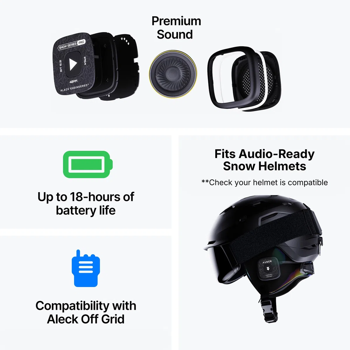 ALECK Snow Series Pro Universal Wireless Bluetooth Helm Lautsprecher Kopfhörer für Ski und Snowboard Audio Ready Helme, Handschuhfreundliche Steuerung, Mikrofon Headset für Freisprechanrufe