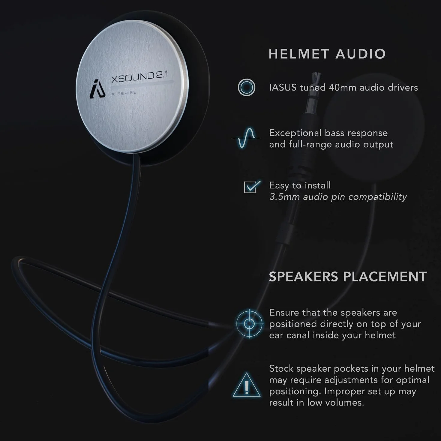 IASUS Drop-In Kopfhörer, Volle Reichweite, Audio und Bass für Helm-Kommunikatoren Mit Ohrhörer-Buchse, XSound 2.1 Lautsprecher Passen in Die Meisten Ski-, Snowboard- und Motorradhelme