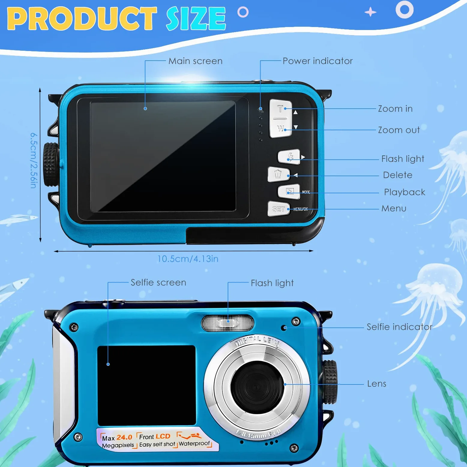 Unterwasserkamera, wasserdicht, Full HD 2,7 K, 24 MP, Digitalzoom, 16-fache Kamera, mit Doppelbildschirm, für Jugendliche, Schüler, Anfänger, Blau