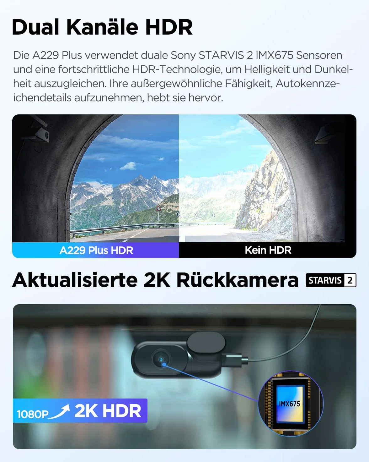 VIOFO A229 Plus 2K + 2K Dual STARVIS 2 HDR Dashcam Auto, Sprachsteuerung & 5GHz Wi-Fi, GPS, Super Nachtsicht 2.0, 2,4" LCD, 512 GB Max