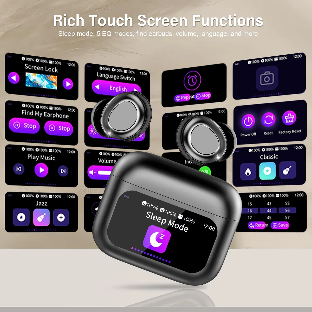 ZYHKON Bluetooth Kopfhörer, Bluetooth 5.4 Schlafkopfhörer In Ear mit Touchscreen, 48H Spielzeit Mini Kopfhörer mit HiFi Sound/5 EQ-Modi/ENC Noise Cancelling, Wireless Ohrhörer für Seitenschläfer