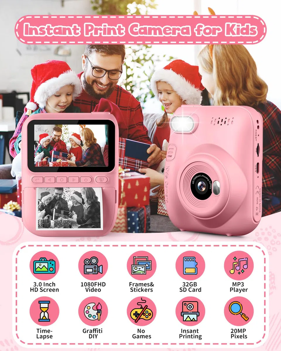 Kinderkamera Sofortbildkamera 3,0 Zoll 1080P Digitalkamera mit Druckerpapier & 32GB Karte für 3-10 Jahre Rosa