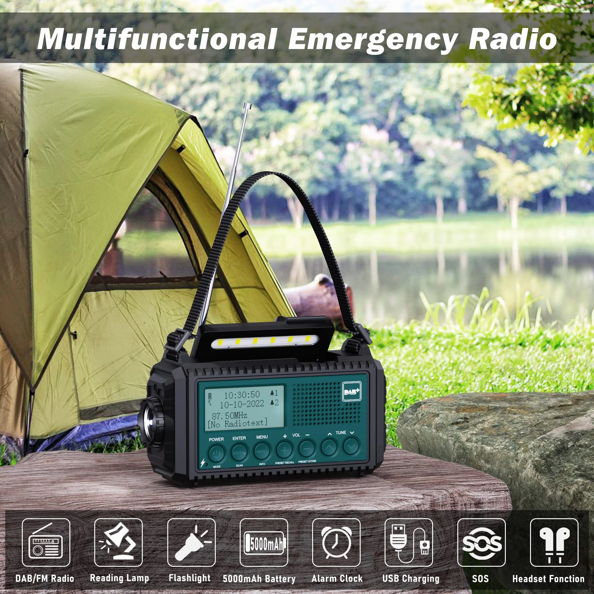 Kurbelradio DAB+/DAB/UKW mit 5000mAh Akku Wiederaufladbare, Notfallradio mit Taschenlampe & Leselicht, Tragbare Camping Radio mit USB Handyladefunktion FM Dynamo, SOS-Alarm für Wandern, Outdoor