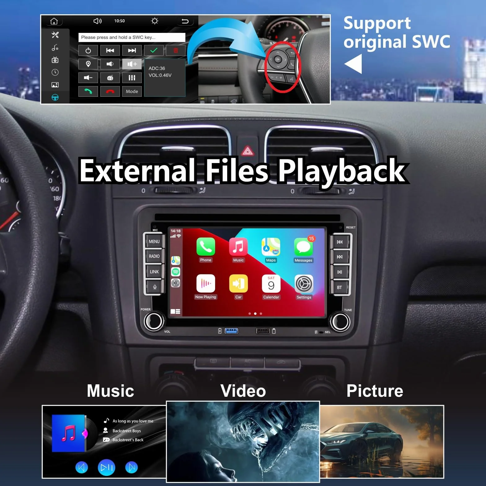 Autoradio für VW Golf 5/6, Polo 5/6R, T5, Passat, Jetta – 7-Zoll-Touchscreen, Wireless CarPlay & Android Auto, Bluetooth/AM/FM/Lenkradsteuerung (SWC)/USB/DSP-EQ, Plug and Play
