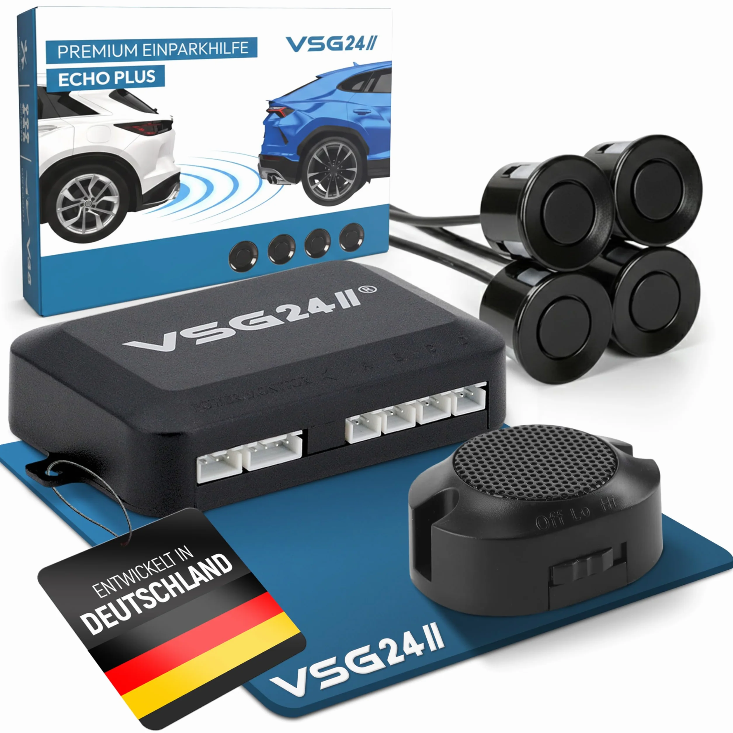 VSG24 Einparkhilfe Set hinten mit 4 Sensoren – robuste PDC Parkhilfe für Auto, SUV & Transporter – akustischer Rückfahrwarner, 30–150 cm Reichweite – 12V Nachrüstsystem