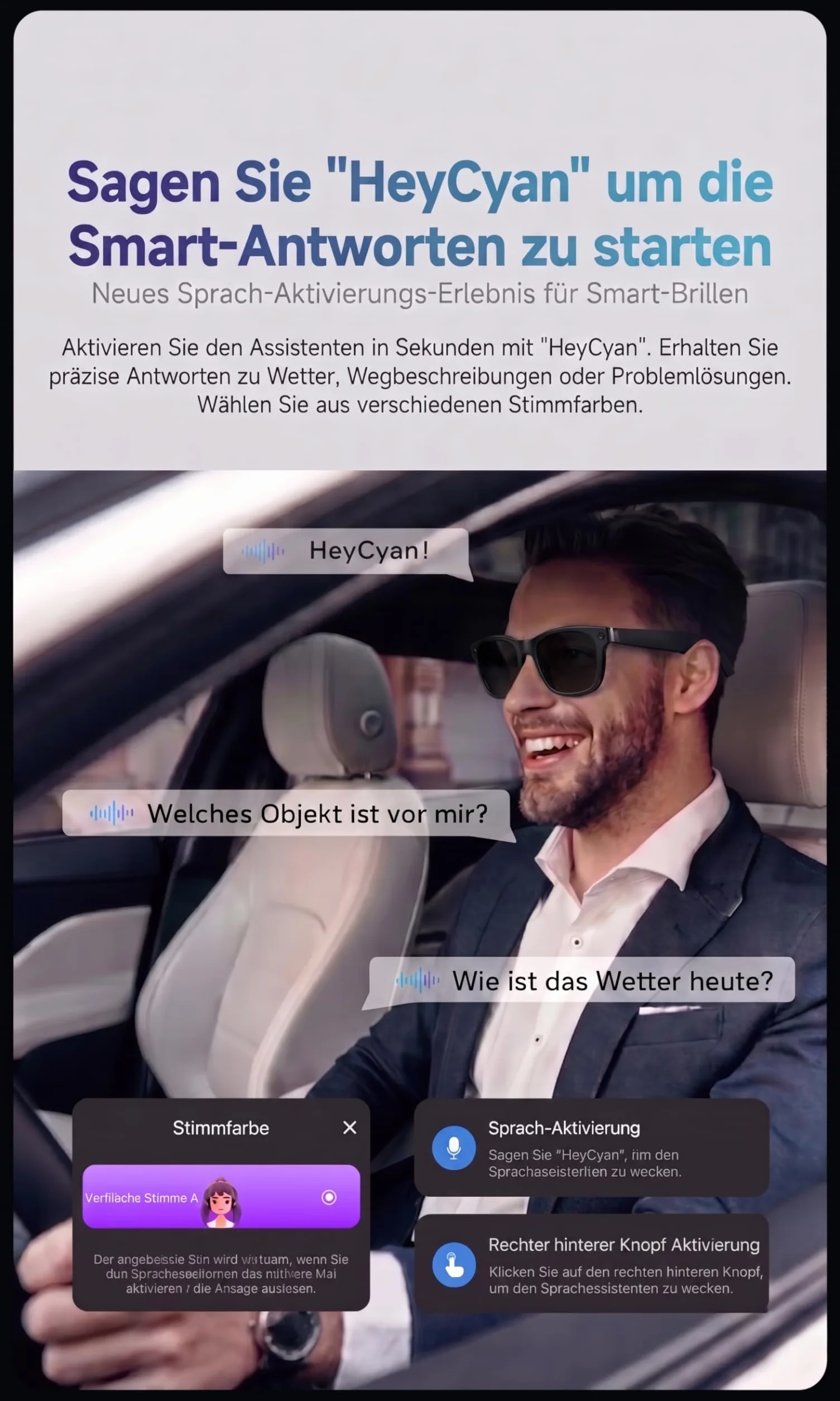 Smart Glasses mit KI & Bluetooth, ChatGPT-Sprachassistent, UV-Schutz, WLAN, Echtzeit-Übersetzung in 89 Sprachen, 2K-Kamera, Open-Ear-Audio, IP65 wasserdicht, Objektidentifizierung, inkl. 2 Gläser