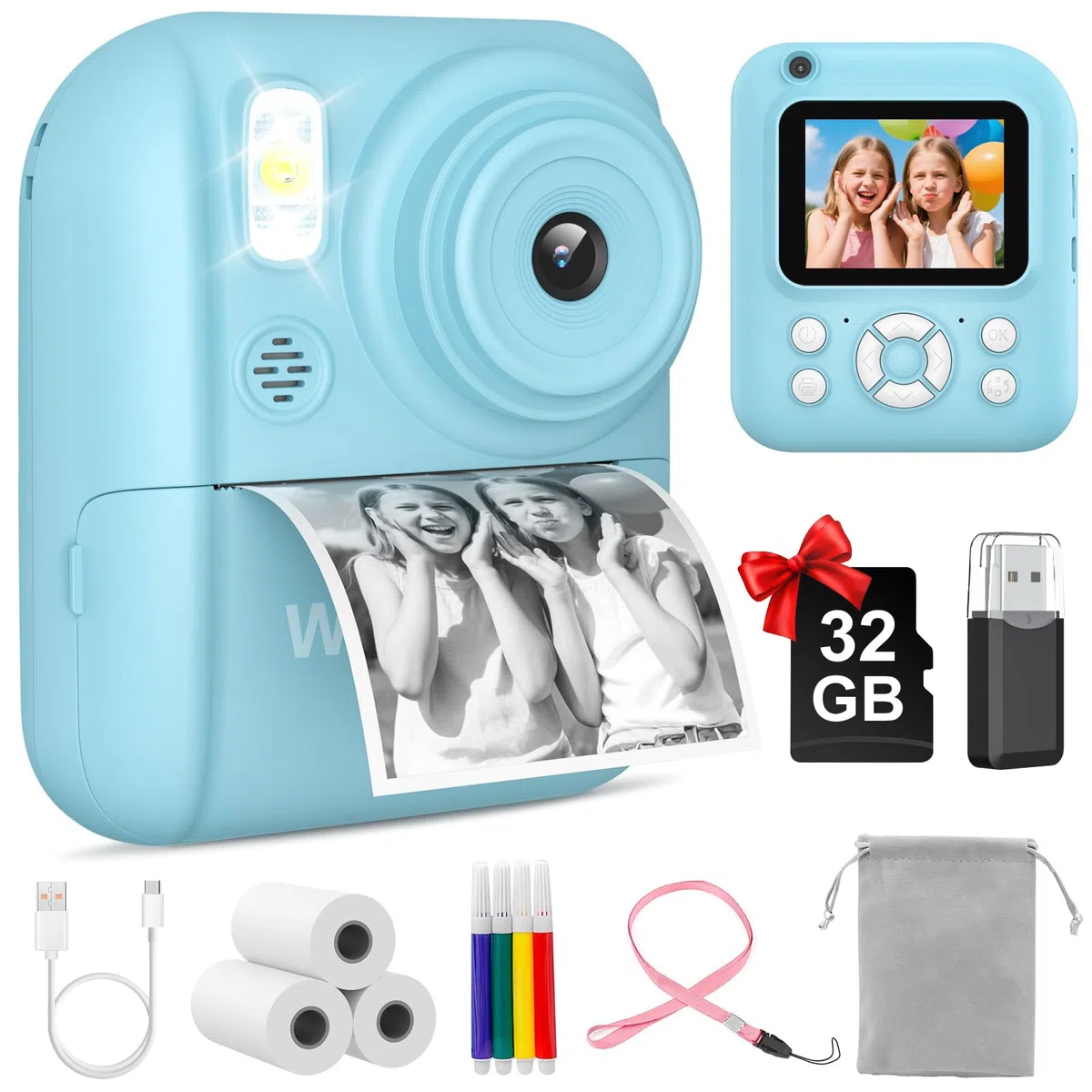 Sofortbildkamera Kinder 2.5K mit 32GB Karte & Druckerpapier, Vorder- und Rückkamera, Geschenk für Jungen Mädchen 3-12 Jahre (Blau)