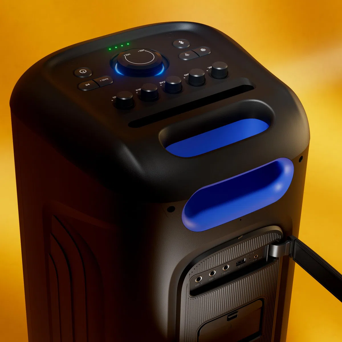 Philips TAX5000E Bluetooth-Party-Lautsprecher, 200 W Leistung, Bass+, Lichtshow, 14 Std. Akku, TWS, Auracast, Mikro-/Gitarren-Eingänge, IPX4-Spritzwasserschutz, USB, AUX, App-Steuerung, Räder, Griff