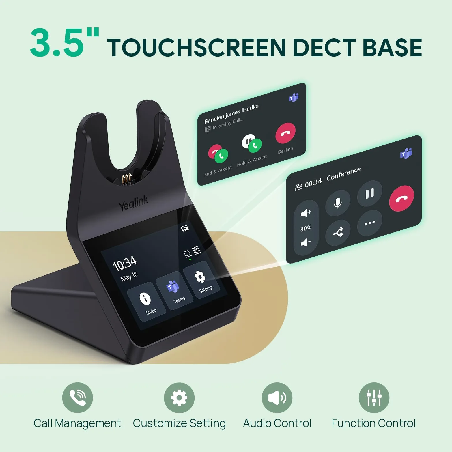 Yealink WH64 Pro DECT & Bluetooth Wireless Headset, 3.5" Touchscreen, Mono Kabelloses Headset, 185 m Reichweite,26H Sprechzeit,Büro und Arbeits Headset (Einzelohr) für Tischtelefon Laptop IP-Telefon