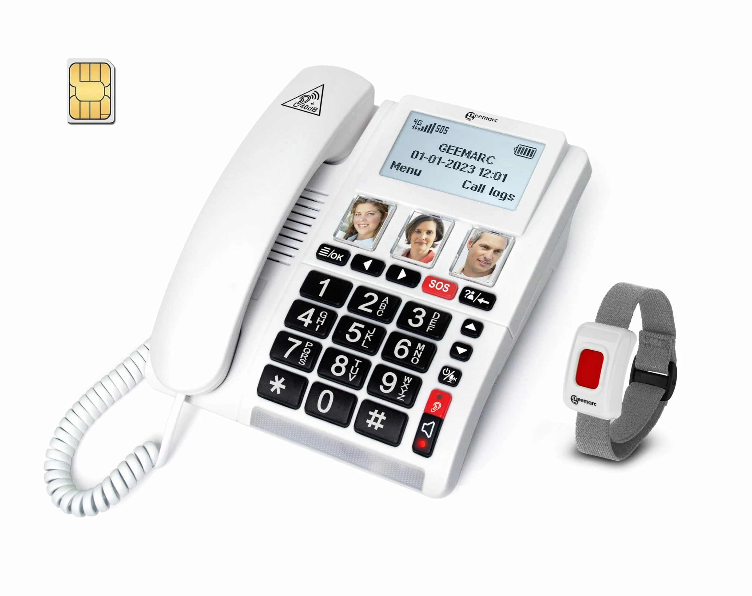 Geemarc CL9000 – Notfalltelefon für zu Hause und Sein wasserdichtes SOS-Armband mit großen Tasten, verstärkter Lautstärke und Display mit Hintergrundbeleuchtung – funktioniert nur mit SIM-Karte