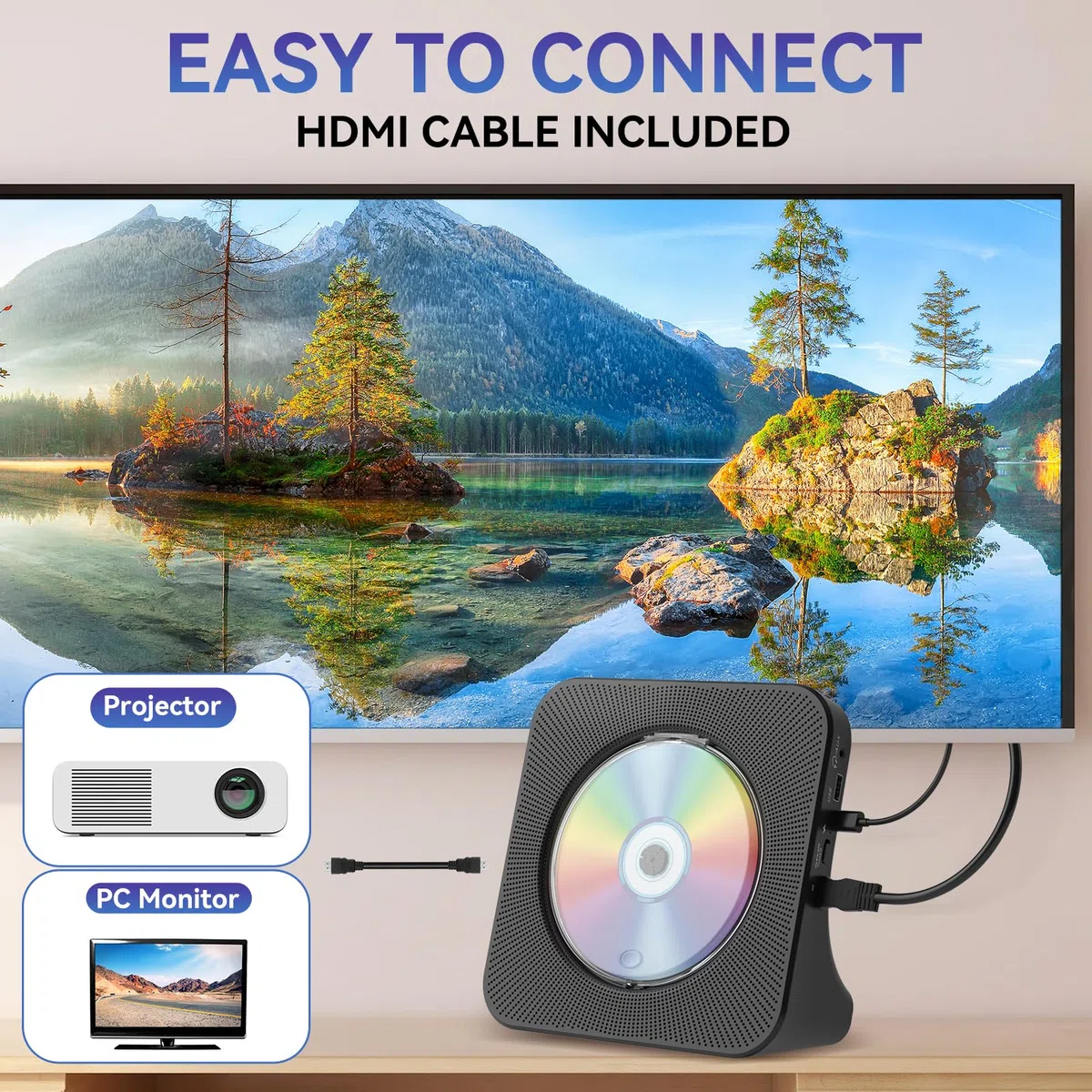 Qoosea DVD Player für TV Desktop DVD/CD Player für Zuhause mit Bluetooth Lautsprechern Display Wecker FM Radio mit CD Player USB Card Playback Inklusive Fernbedienung, HDMI & AV Kabel
