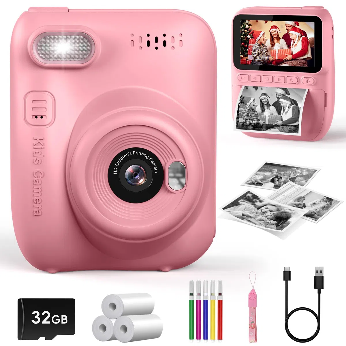 Kinderkamera Sofortbildkamera 3,0 Zoll 1080P Digitalkamera mit Druckerpapier & 32GB Karte für 3-10 Jahre Rosa