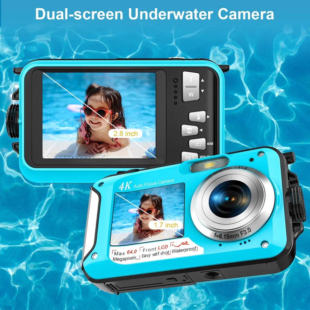 Unterwasserkamera, Yixinxin Digitalkamera wasserdichte UHD 4K 64MP Autofocus mit Einer 32GB Karte Selfie Doppelte Bildschirme wasserdichte Kamera zum Schnorcheln