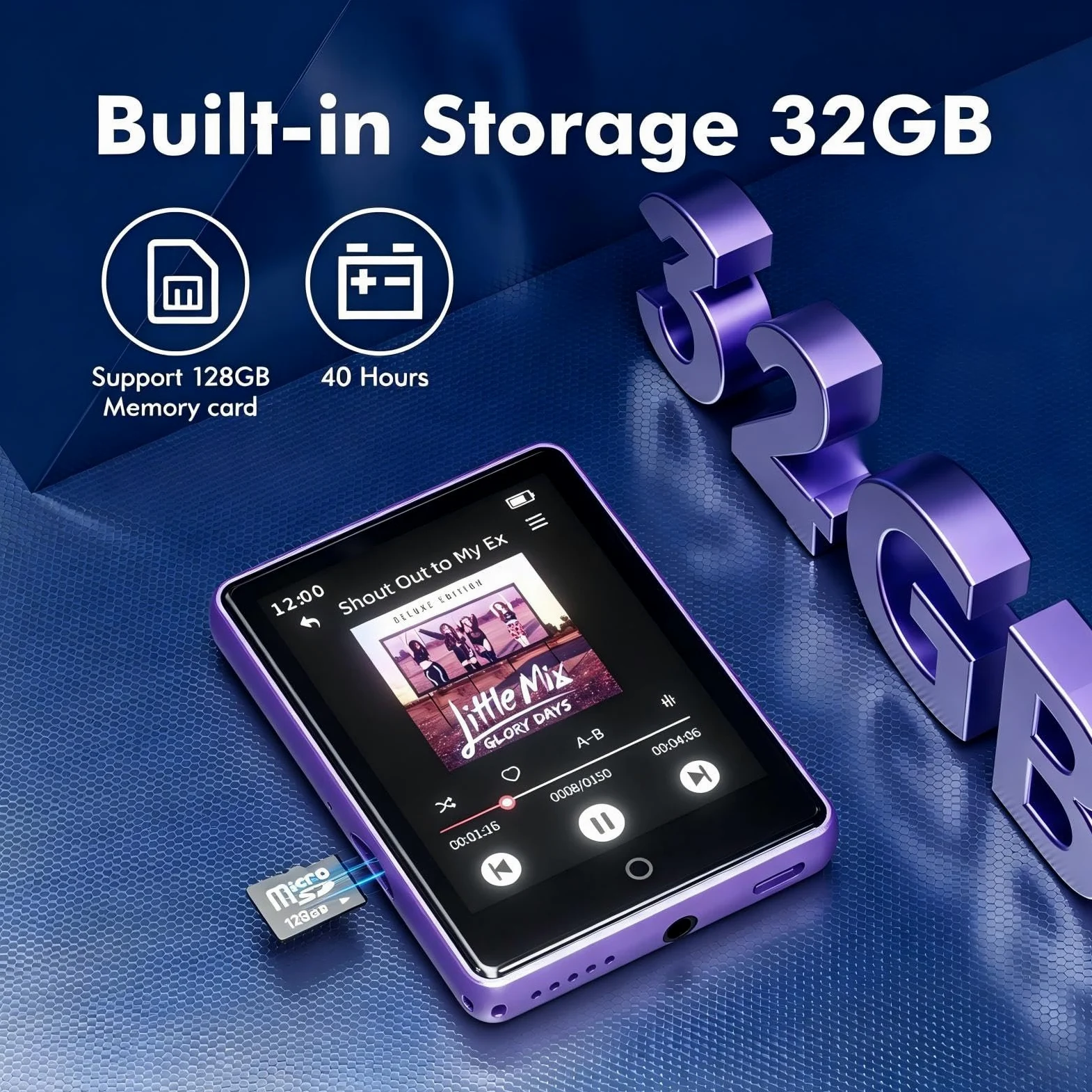 32GB MP3 Player mit Bluetooth 5.3, tragbarer MP3-Player mit Lautsprecher für Kinder HiFi-Klangqualität, 2,8-Zoll-Touchscreen, UKW-Radio, Diktiergerät, unterstützt TF-Karten bis zu 128 GB(Lila)