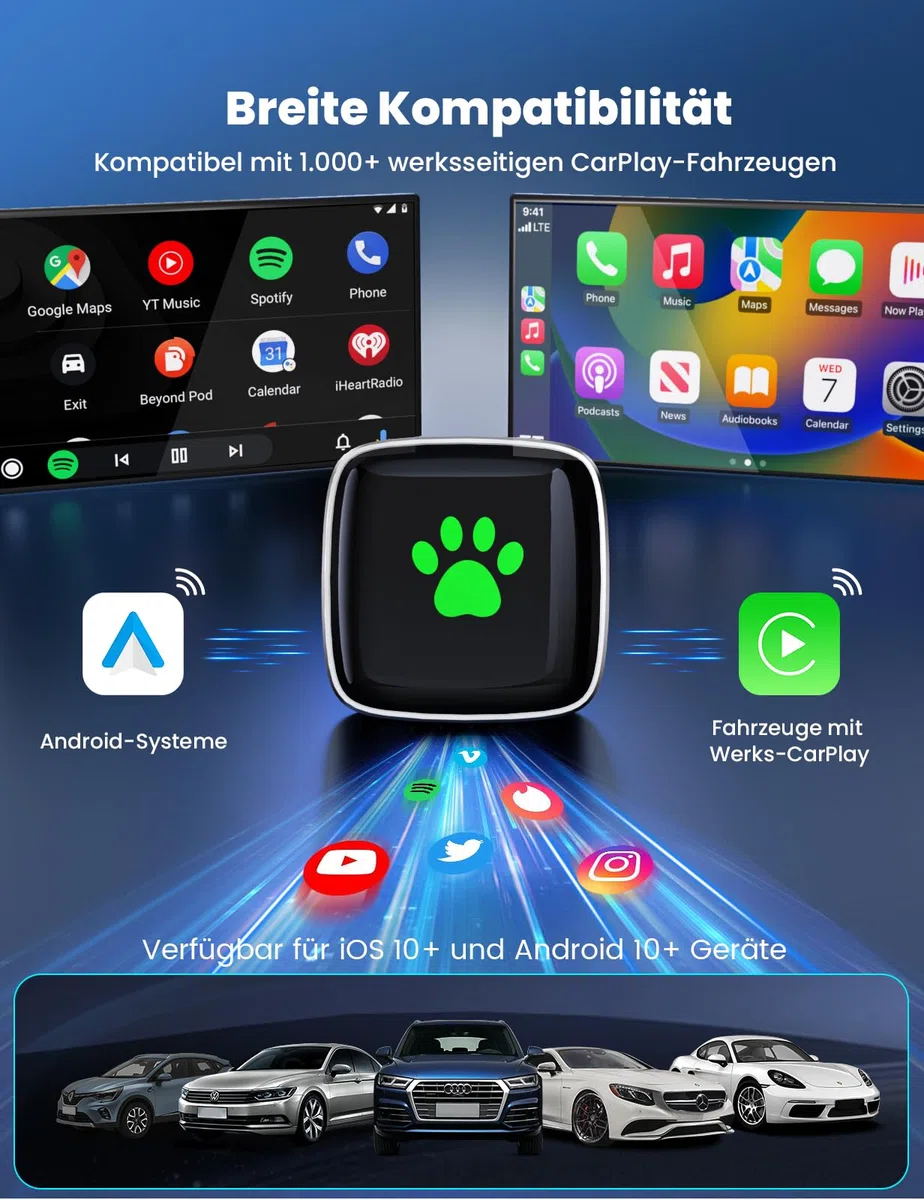 Wireless CarPlay Adapter für Apple 2026 Upgrade, Wired zu Wireless CarPlay, USB & Type-C Dual-Port, Plug & Play, Mini & Stabil, kompatibel mit iPhone iOS 10+/Android Auto, über 1K+ Automodelle ab 2016