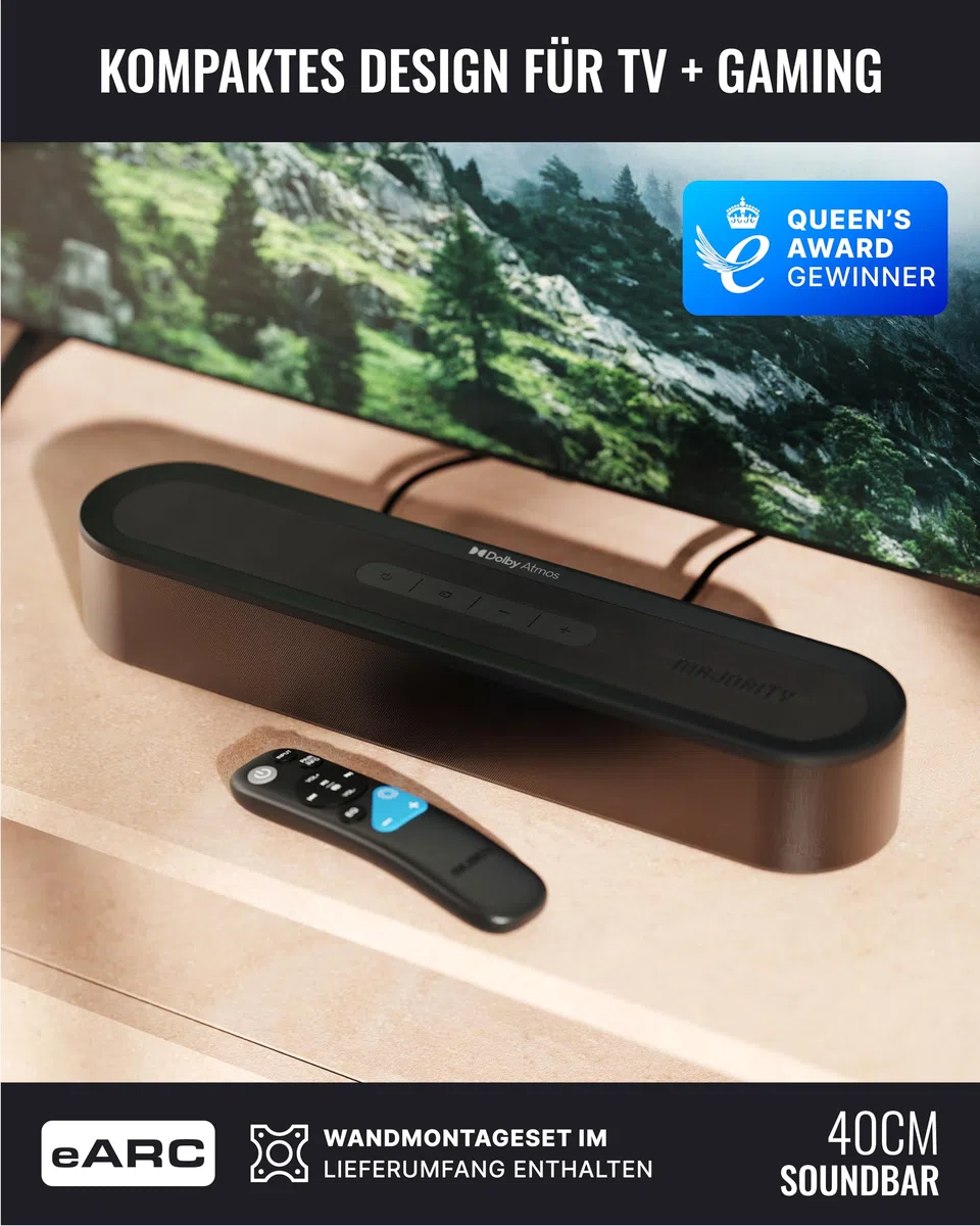 MAJORITY Bowfell Halo Atmos Soundbar für TV Geräte | 300W Lautsprecher für Fernseher mit Subwoofer | 5.1 Dolby Atmos Heimkino Surround Sound System mit HDMI eARC | Mini Sound Bar PC Bluetooth