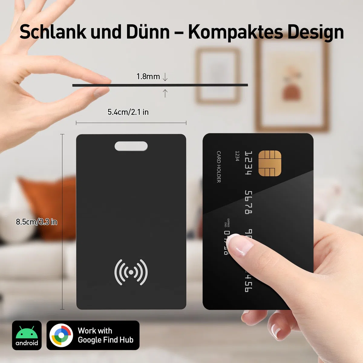 Wallet Tracker Karte für Android Wiederaufladbares Air Tag Card, Kompatibel mit der Google Find Hub App (Android nur), 1.8mm Ultra-Dünner, Kabelloses Laden, IP68 Wasserdicht, für Schlüssel, Gepäck