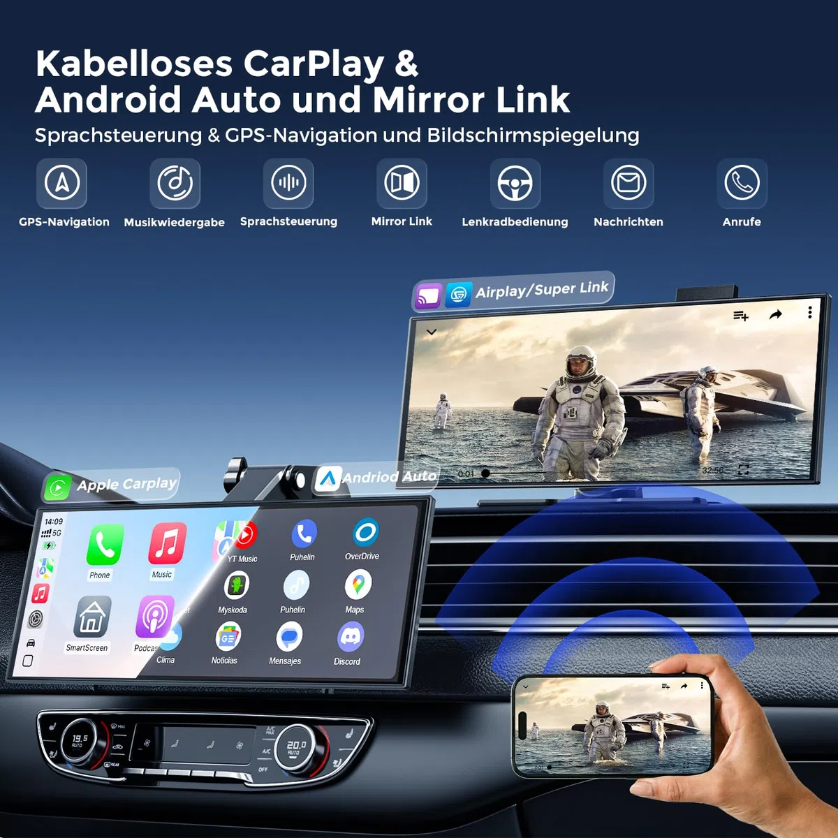Avylet 10,25" CarPlay Display mit KI BSD,4K Front+HD Rückfahrkamera Dual Dashcam & 64GB Karte, kabelloses CarPlay & Android Auto, 60FPS 1920x720P, Mirror Link, GPS, Sprachsteuerung, Bluetooth/AUX/FM