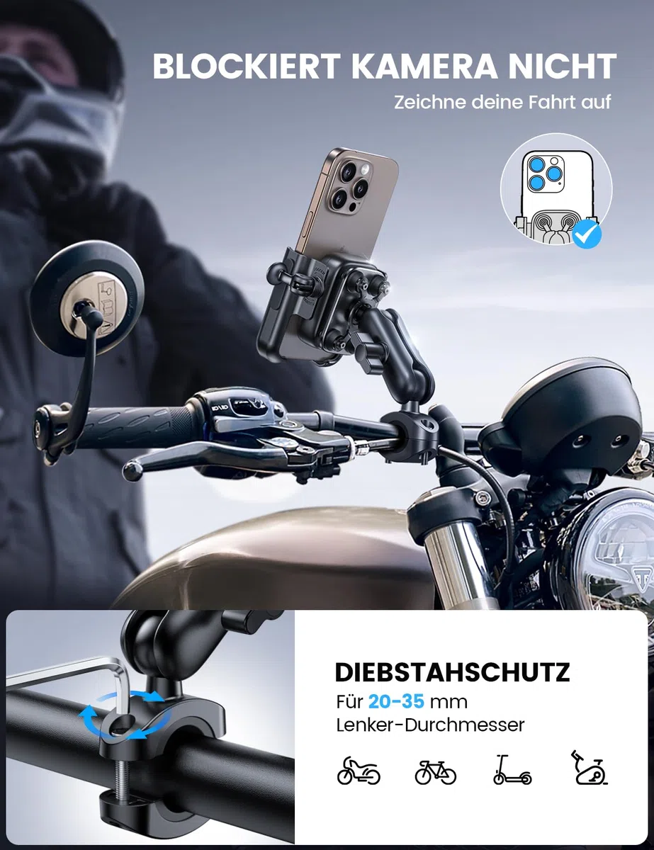 Lamicall Handyhalterung Motorrad, Handyhalter Fahrrad Lenker, Ganzmetall | [Ideal für Video] Vibrationsgedämpfte Handy Halterung Motorrad Halter mit Verlängerungsarm, für iPhone 17, Samsung, 7,2 Zoll