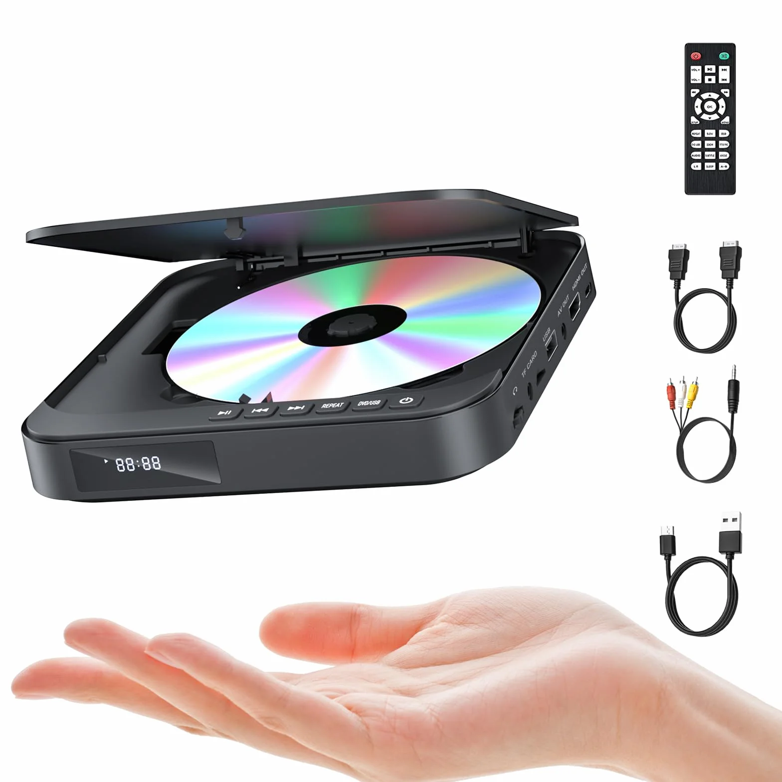 DVD Player Für Fernseher, Mini DVD Player HDMI 1080P, Allen Regionen, Anti-Shock, unterstützt USB/TF-Karte, integriertes PAL/NTSC und Fernbedienung
