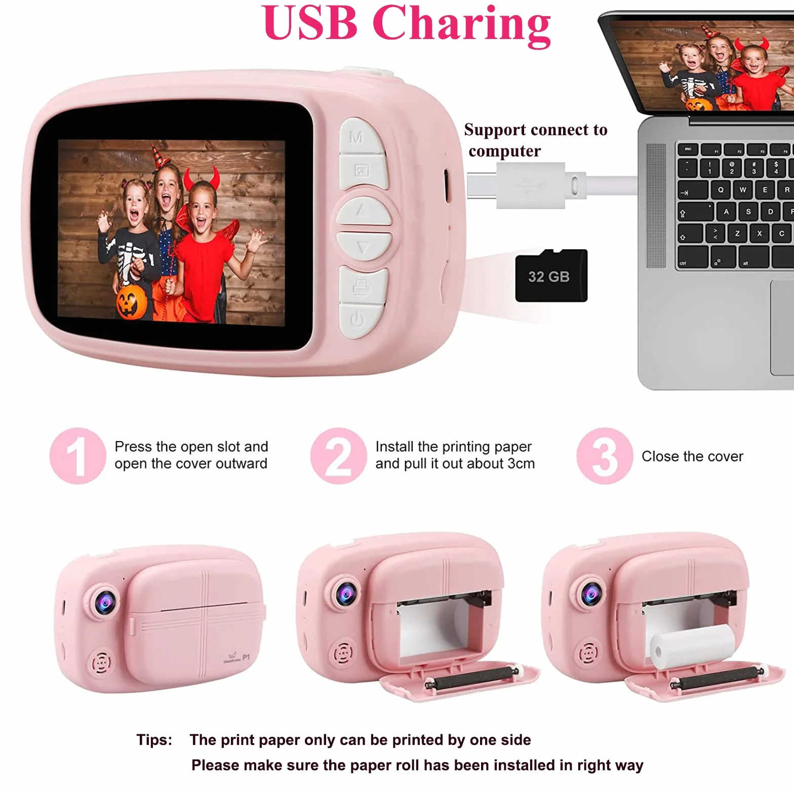 GlobalCrown Sofortbildkamera Kinder,Digitalkamera kinderkamera sofortbildkamera fotoapparat Kinder Kamera Geschenke für 3-12 Jahre Jungen Mädchen (einschließlich 4 Rollen Druckpapier und 32GB Karte)